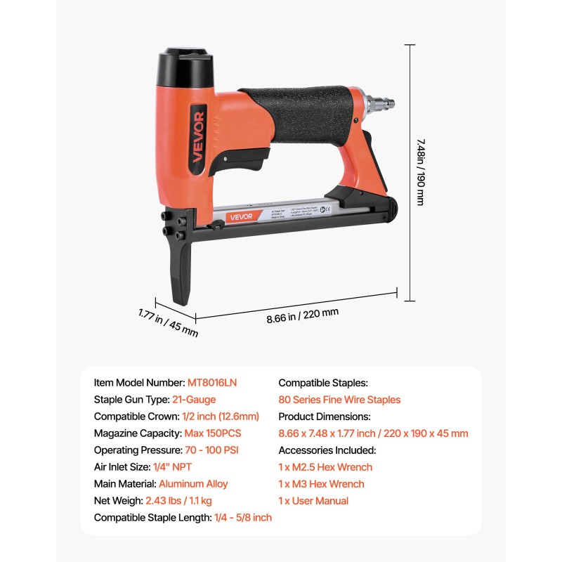 Paineilmaniittain alumiinirunko 12,8 mm kruunu 6–16 mm verhoilu puutyöt