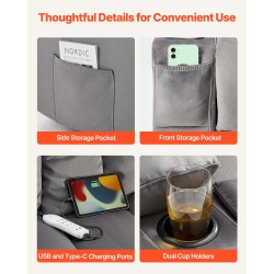 Kaksipaikkainen sähköinen lepotuolisohva harmaa samettiverhoilu lämmitys hieronta USB-portit