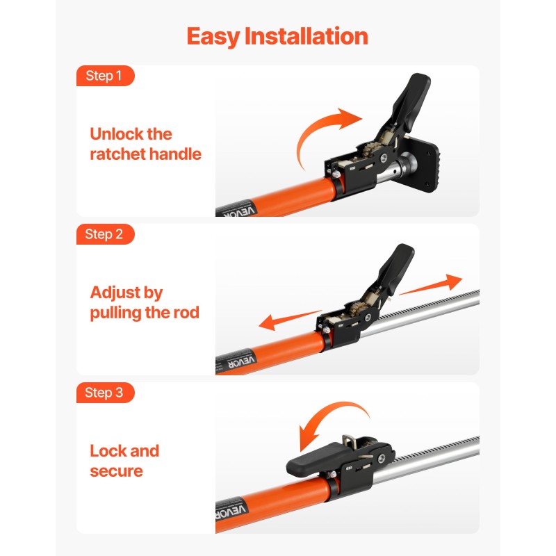 Teleskooppinen hiiliteräsinen kuormansidontatanko säädettävä 1016–1854 mm räikkämekanismilla sisältää säilytysverkon