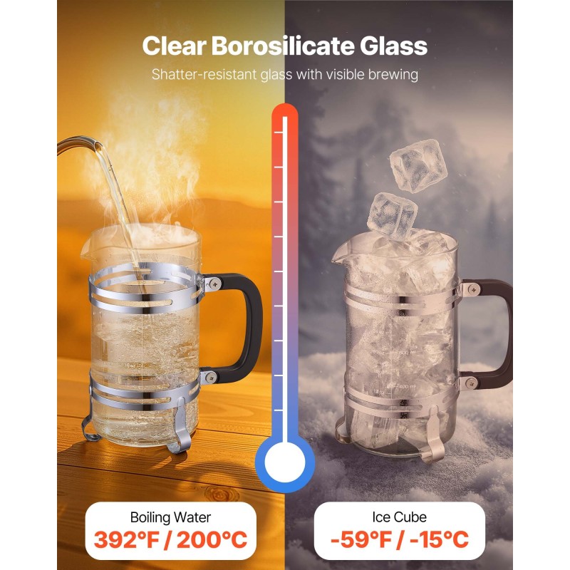 Pressopannu borosilikaattilasi 1 l ruostumaton terässuodatin kahville ja teelle