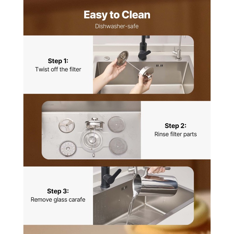 Pressopannu kaksiseinäinen ruostumaton teräs 1,5 l tiheällä metallisuodattimella