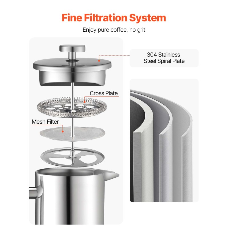 Pressopannu 1 l kaksikerroksinen ruostumaton teräs tyhjiöeristetty terässuodatin