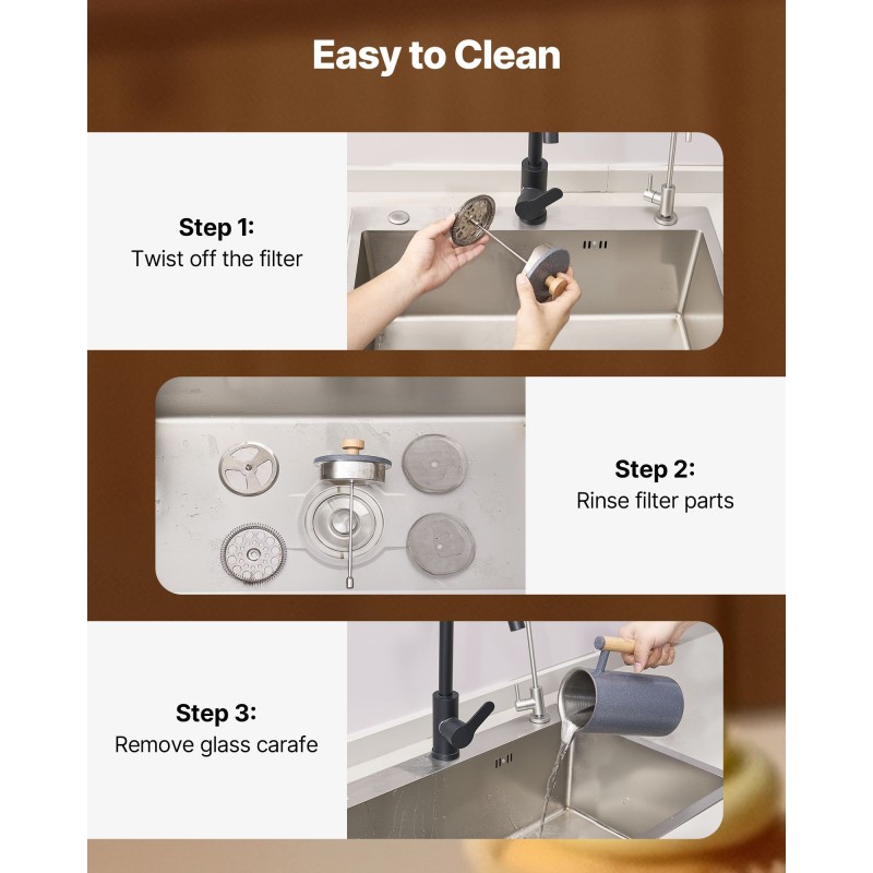 Pressopannu ruostumattomasta teräksestä 1 l kaksikerroksinen tyhjiöeristetty puuvarrella verkkosuodattimella