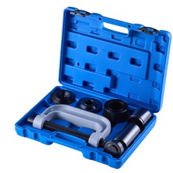 Laakeripuristinsarja metallirakenteinen eri kokoisilla holkkilevyillä erikoisavaimella säilytyslaukussa