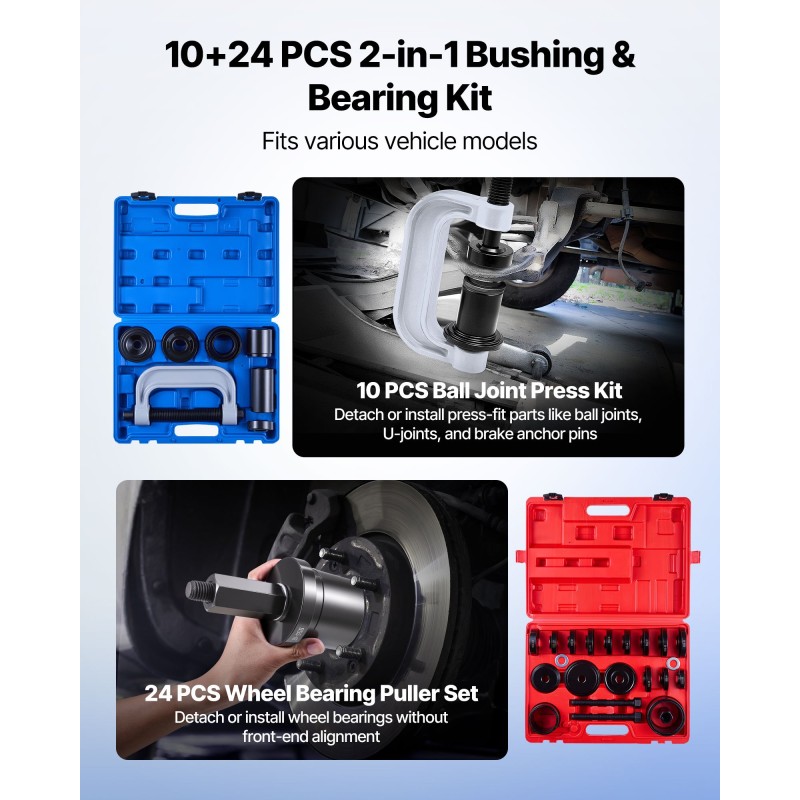 Laakeripuristinsarja metallirakenteinen eri kokoisilla holkkilevyillä erikoisavaimella säilytyslaukussa