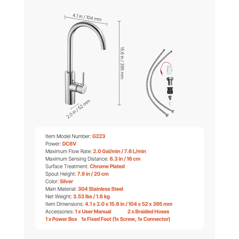 Kosketusvapaa pesu- ja keittiöhana 304-ruostumaton teräs kromattu infrapuna-anturi yksivipuhana 20 cm