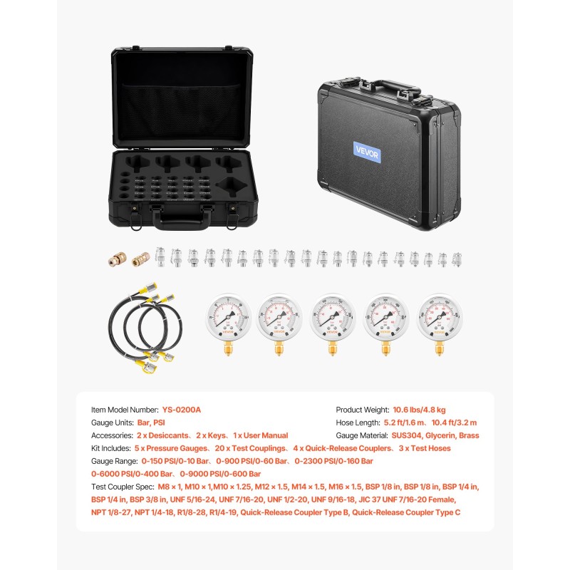Hydraulinen paineen testisarja kaivinkoneisiin 5 mittaria 20 liitintä 3 letkua