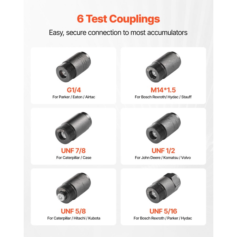 Hydraulinen typenakkujen täyttö ja testauspakkaus metallirunkoinen 2 m letku 3 painemittaria