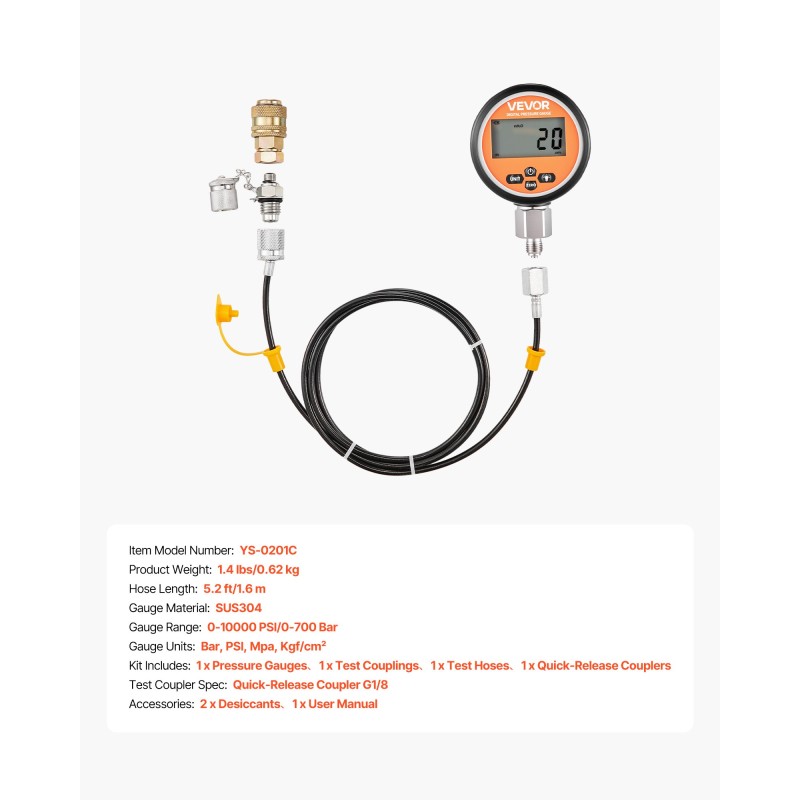 Digitaalinen hydraulinen painetestaussarja ruostumaton teräs 0–700 bar G1/8-liitäntä 1,6 m letku