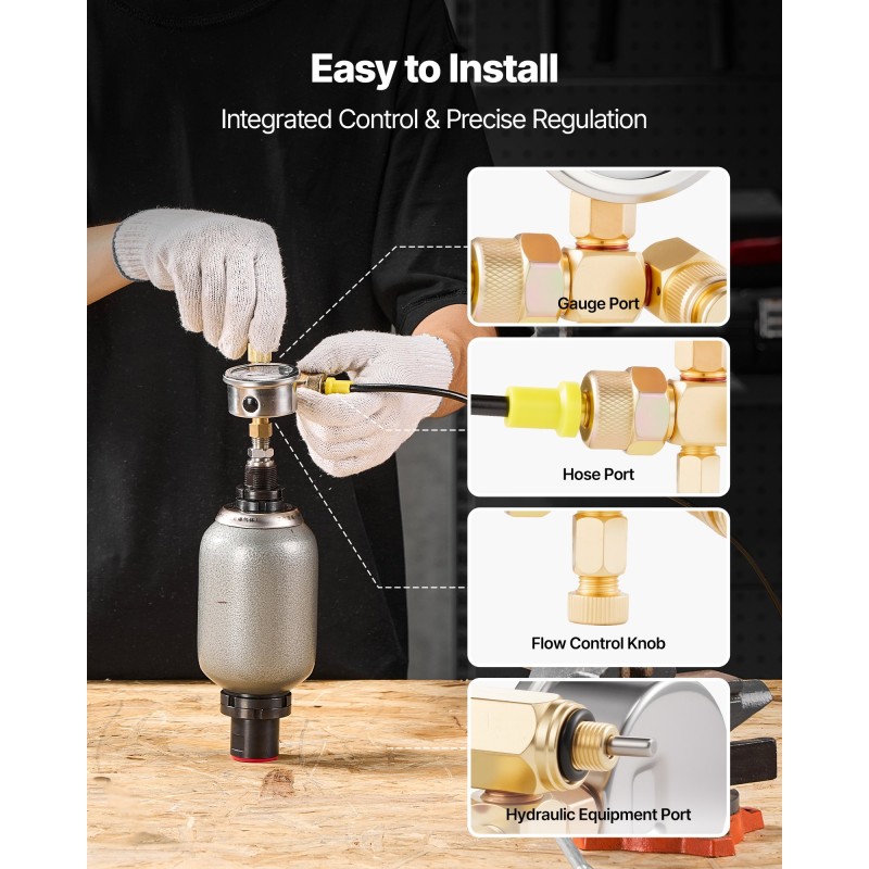 Hydraulinen typpiakun täyttösarja metallirakenteella messinkikierteillä mittarilla ja testiletkulla 0–100 barin painealueella