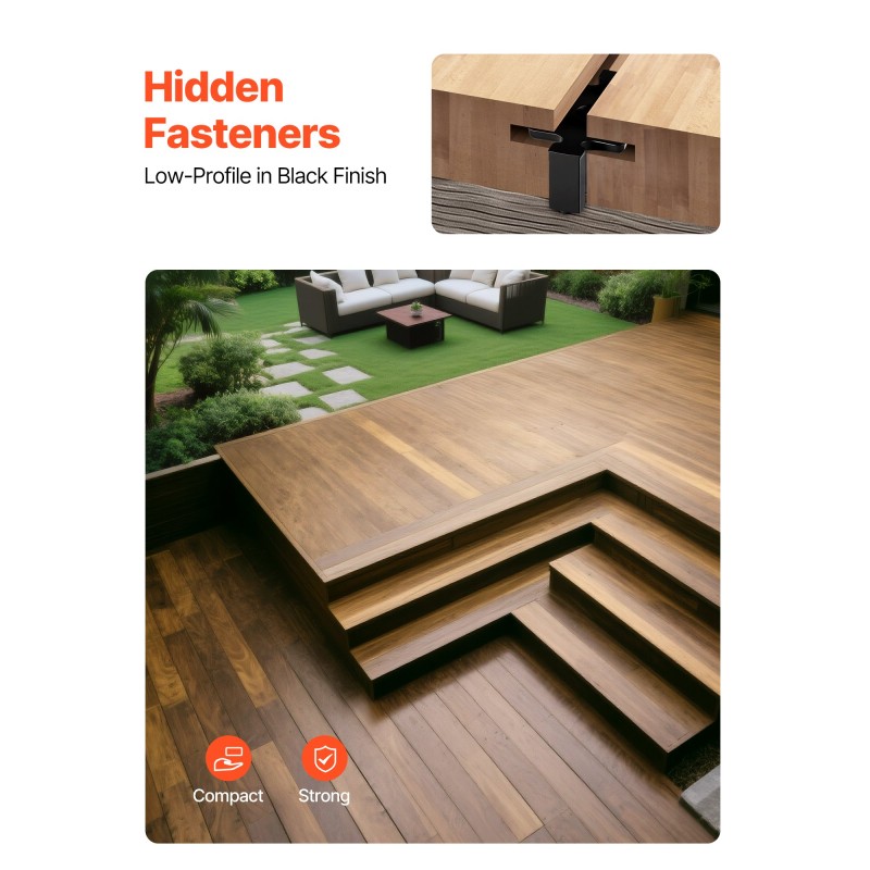 Piilokiinnikkeet komposiittiterassilaudoille 500 kpl musta PP-muovi ja 304-ruostumaton teräs