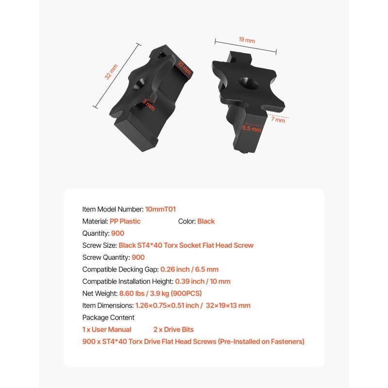 Piilokiinnikkeet komposiittiterassilaudoille musta polypropeeni ruostumaton teräs 900 kpl