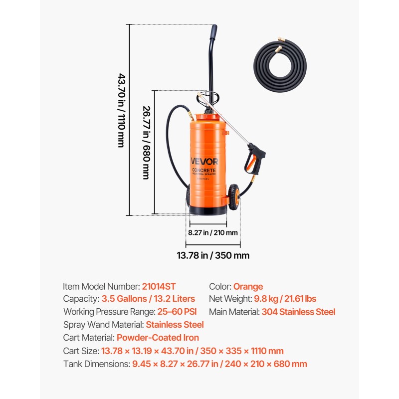 Betoniruiskuvaunu 14 l 304 ruostumatonta terästä pyörällinen 52 cm suutinvarsi