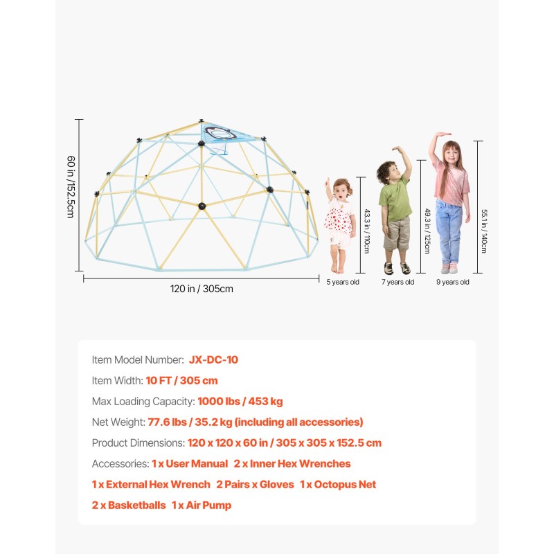 Teräs kiipeilykupoli 305 cm ulkokäyttöön 3–10 vuotta 453 kg kantavuus 2 koripalloa