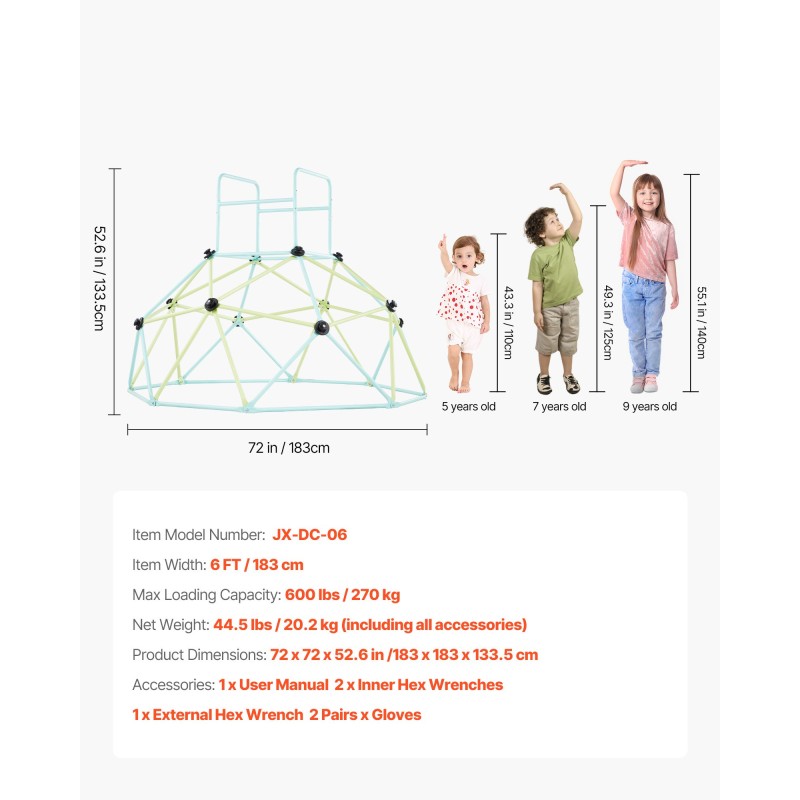 Kiipeilykupoli halkaisija 183 cm paksunnetut teräsputket sinkkipinnoite 270 kg 3–10-vuotiaille