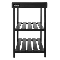 Bambuinen kolmitasoinen kenkätelinepenkki istuinosalla musta kahdella säilytyshyllyllä