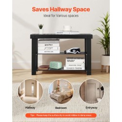 Bambuinen kolmitasoinen kenkätelinepenkki istuinosalla musta kahdella säilytyshyllyllä