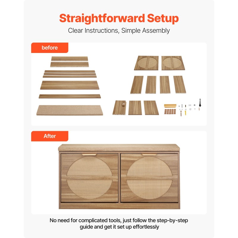 Eteisen kenkäpenkki MDF ja rottinki neljä kääntyvää lokeroa päällystetty istuintyyny luonnonpuun sävy