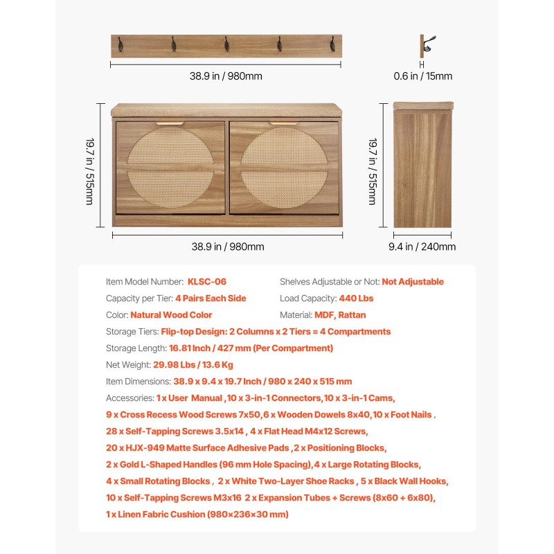 Eteisen kenkäpenkki MDF ja rottinki neljä kääntyvää lokeroa päällystetty istuintyyny luonnonpuun sävy