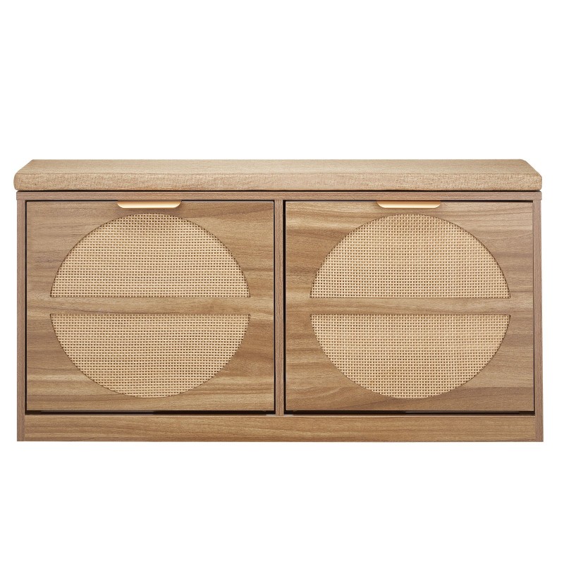 Eteisen kenkäpenkki MDF ja rottinki neljä kääntyvää lokeroa päällystetty istuintyyny luonnonpuun sävy