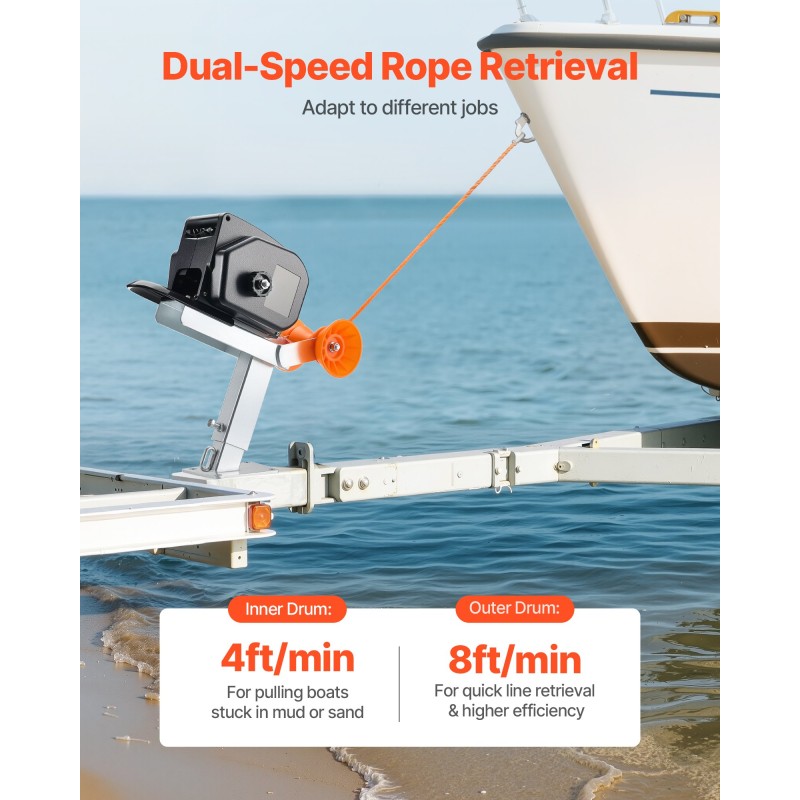 Sähköinen venevinssi 12 voltin 900 kilogramman vetokyvyllä köydellä ja käsikäytöllä