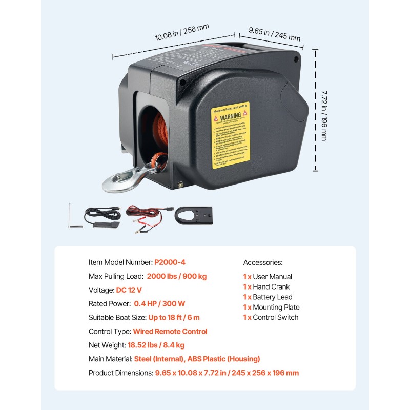 Sähköinen venevinssi 12 voltin 900 kilogramman vetokyvyllä köydellä ja käsikäytöllä