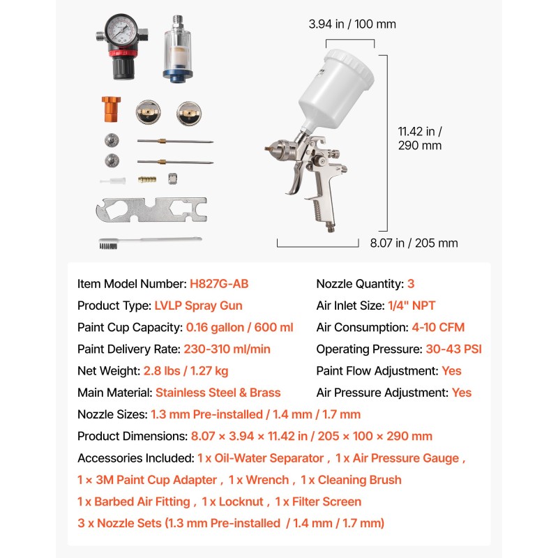 LVLP-maalauspistooli 600 ml 3 suutinta 1.3–1.7 mm autoille ja huonekaluille