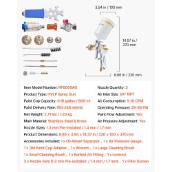 HVLP-maaliruisku 600 ml 3 suutinta 1.3/1.4/1.7 mm ruostumaton teräs ja messinki