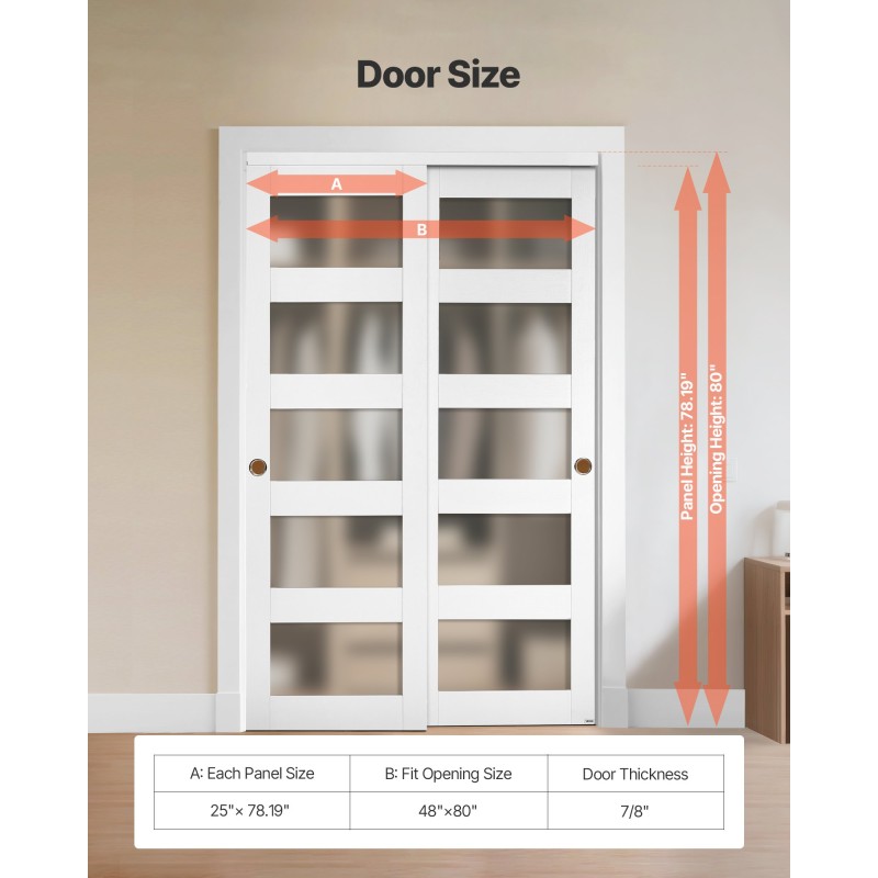Liukuovipaketti vaatekomeroon 1219x2032 mm 2-paneelinen himmeä lasi puu ja MDF-runko PVC-pinnoite