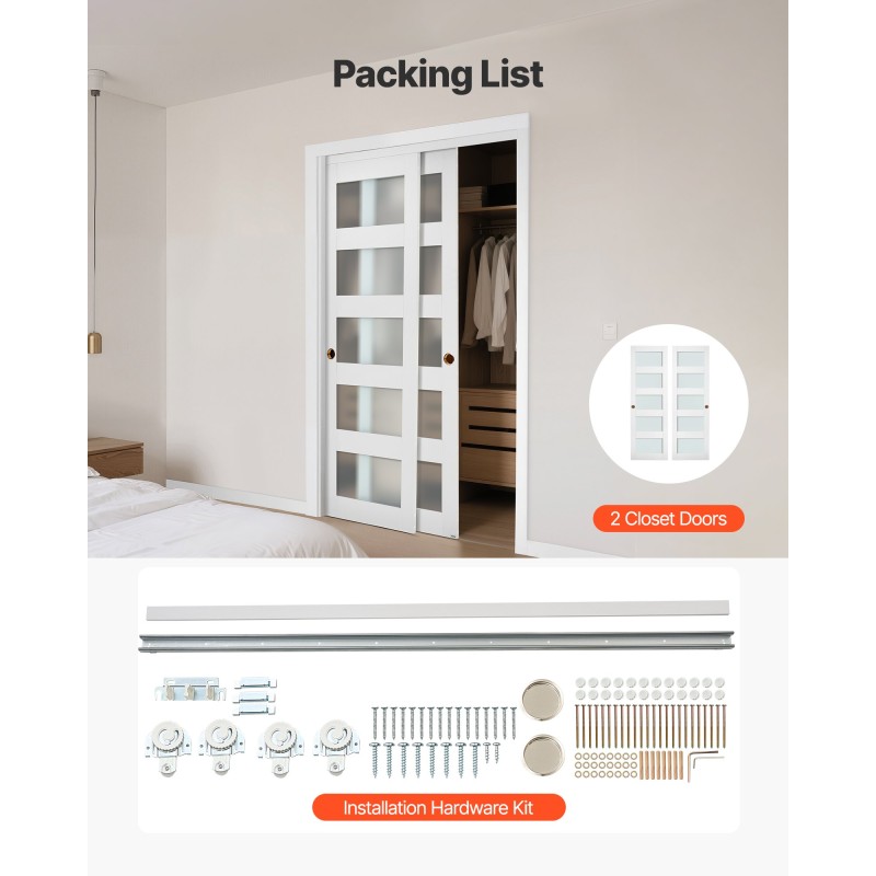 Liukuovipaketti vaatekomeroon 1219x2032 mm 2-paneelinen himmeä lasi puu ja MDF-runko PVC-pinnoite