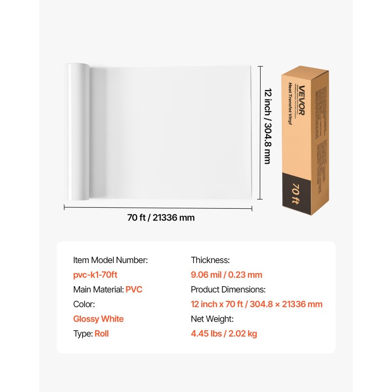 Lämpösiirtokalvorulla PVC-materiaalinen kiiltävä valkoinen 304,8 mm x 21,336 m tekstiileille