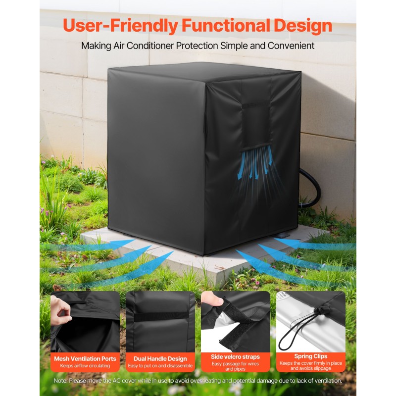 Ilmastointilaitteen ulkoyksikön suojapeite vedenpitävä hopeapinnoitettu taftikangas 960×960×1010 mm musta