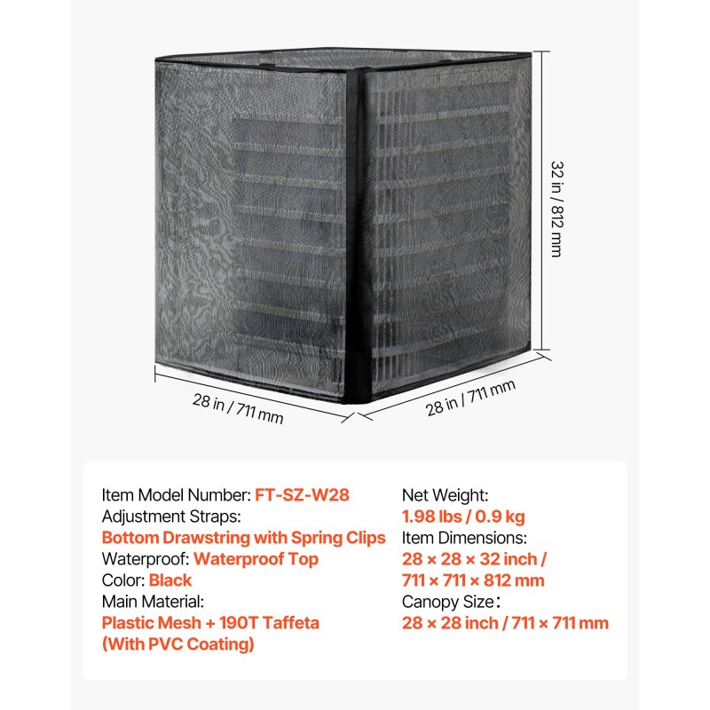 Ilmastointilaitteen ulkoyksikön suojus musta muoviverkko 190T tafti 711x711x812 mm