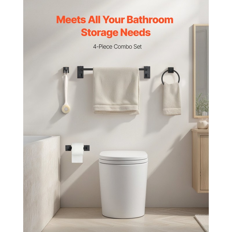 Neliosainen kylpyhuonesetti ruostumatonta terästä matta musta seinäkiinnitys