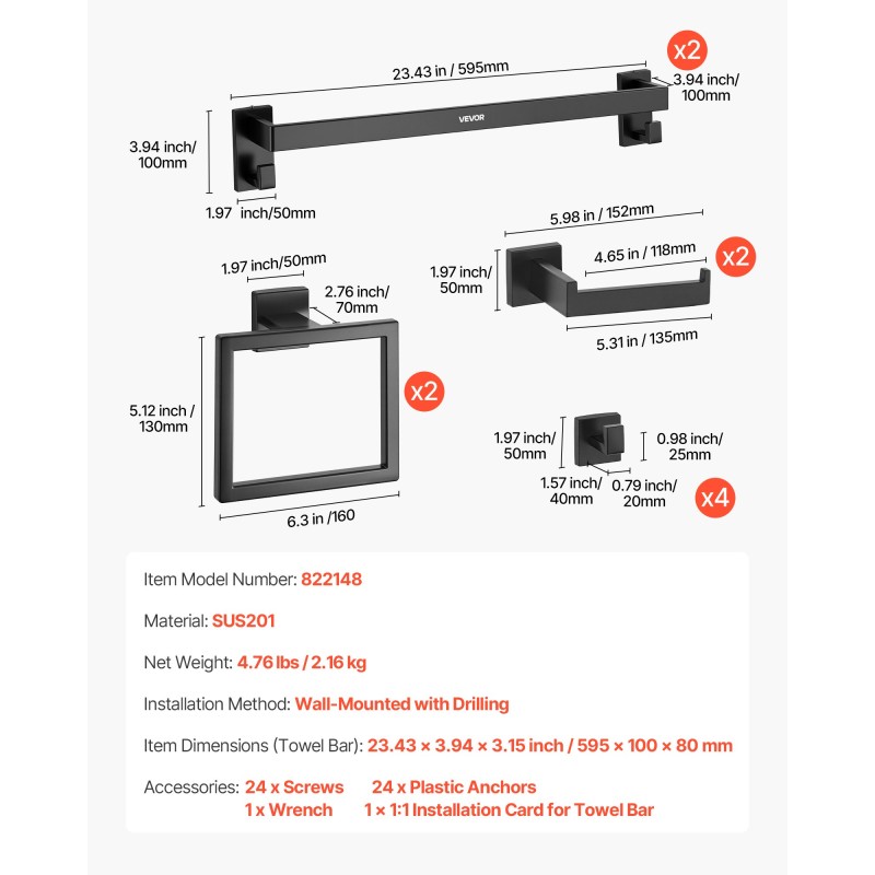 Kylpyhuonetarvikesetti 10-osainen SUS201 ruostumaton teräs mattamusta seinäkiinnitteinen