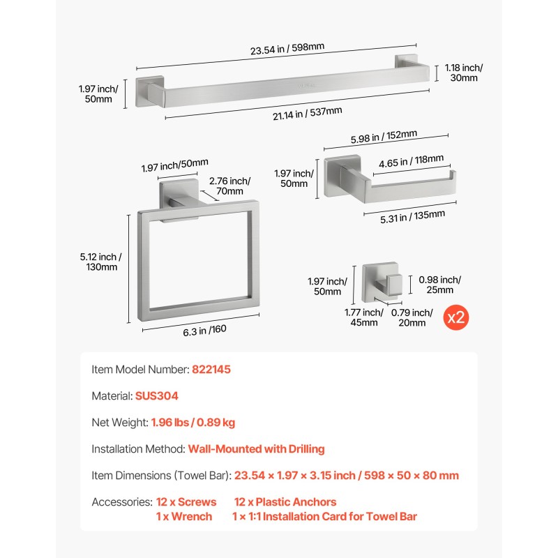 Seinään asennettava viisi-osainen kylpyhuonesetti ruostumaton teräs pyyhetanko