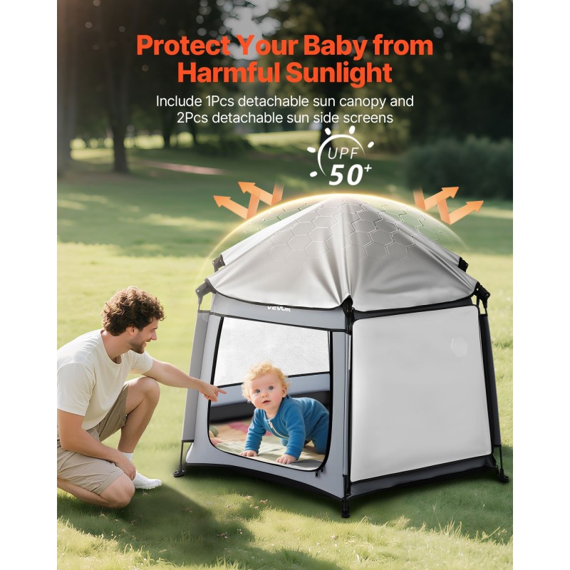 Kuusikulmainen taittuva leikkikehä 150 cm hengittävä verkkokangas aurinkosuojilla