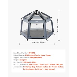 Kuusikulmainen taittuva leikkikehä 150 cm hengittävä verkkokangas aurinkosuojilla