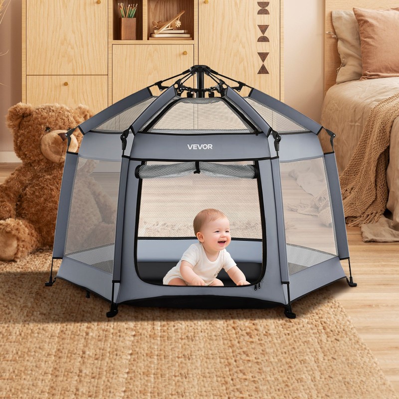 Kuusikulmainen taittuva leikkikehä 150 cm hengittävä verkkokangas aurinkosuojilla