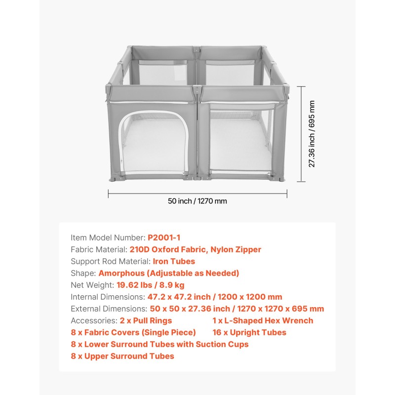 Taittuva leikkikehä 120 x 120 cm 210D kangaspäällisellä rautaputkilla