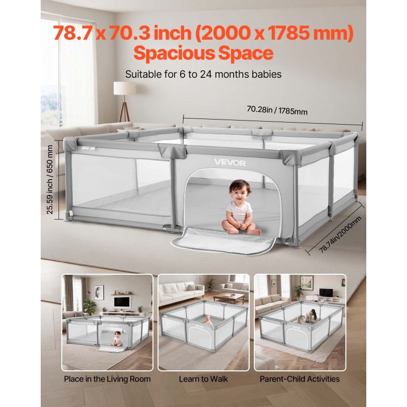 Leikkikehä suorakaiteen sisämitat 2000x1785 mm 50 pehmeää palloa 6–24 kuukauden ikäisille