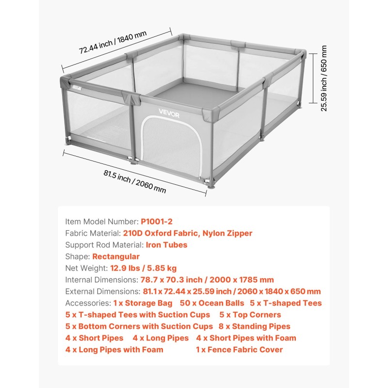 Leikkikehä suorakaiteen sisämitat 2000x1785 mm 50 pehmeää palloa 6–24 kuukauden ikäisille