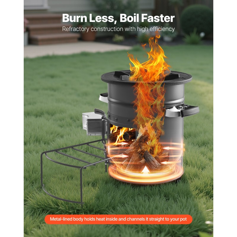 Kannettava rakettiuuni teräsrunko ruostumaton sisäkammio kantolaukulla puilla ja grillihiilillä