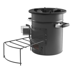 Kannettava rakettiuuni teräsrunko ruostumaton sisäkammio kantolaukulla puilla ja grillihiilillä