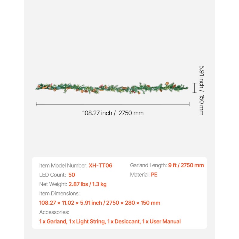 Keinotekoinen jouluköynnös PE-muovia 2750 mm 50 LED-valolla sisä- ja ulkokäyttöön
