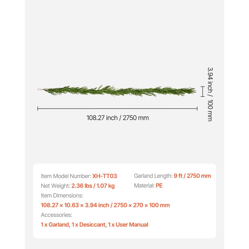 Havuköynnös PE-muovista 2750 mm norfolkinmäntyä jäljittelevä sisä- ja ulkokäyttöön