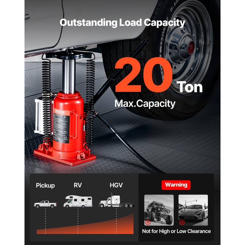 Hydraulinen ilmakäyttöinen pullotunkki 20 t 260–495 mm valurautainen ja hiiliteräksinen