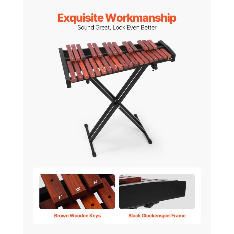 32-sävelinen puukellopeli matalahiiliteräskielillä puukoskettimilla korkeussäädettävä X-jalusta kantolaukku ja neljä kapulaa