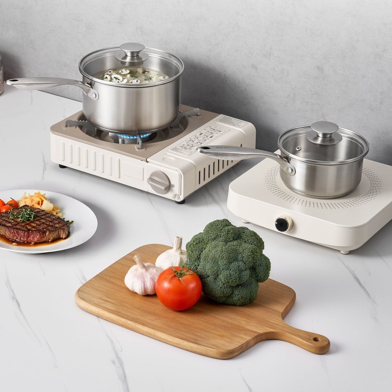 Kattilasetti kolmen kasarin pinnoitteeton ruostumaton teräs lasikansilla