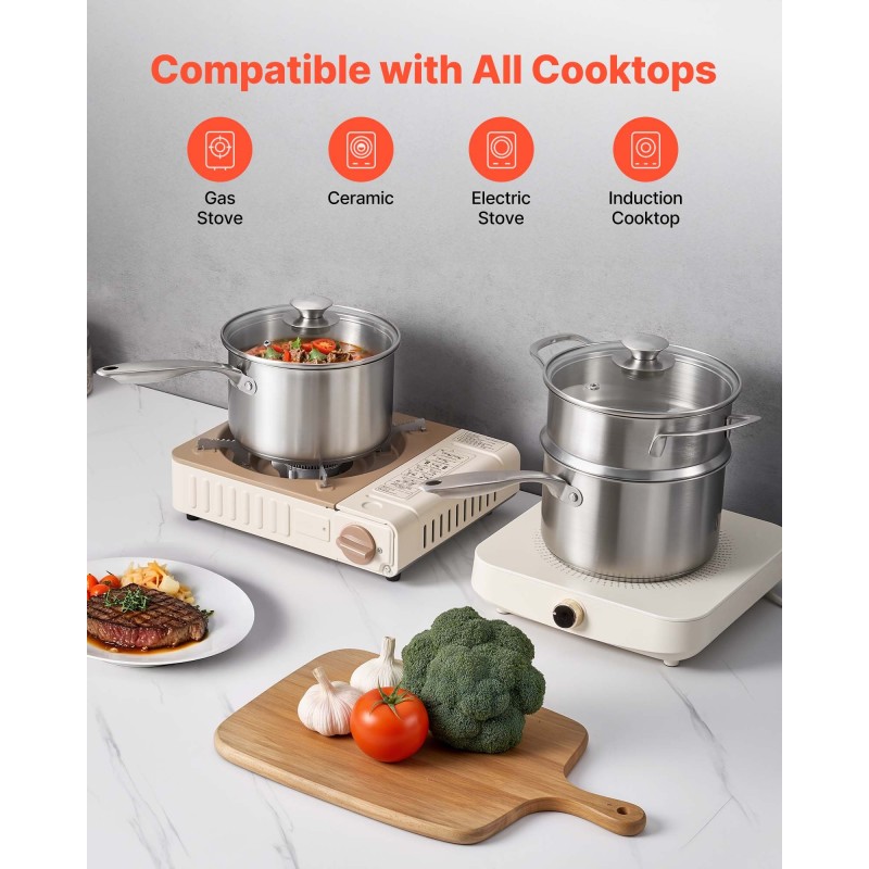 Pinnoitteeton ruostumaton teräskasari pieniin arjen ruokiin höyrystinkerroksella lasikannella